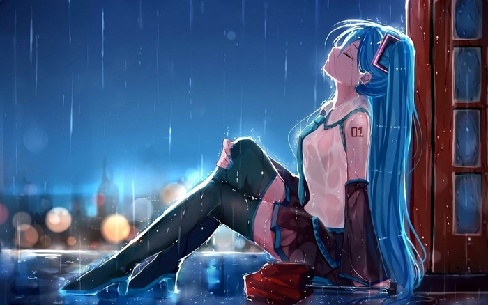 closed eyes, wet, rain, anime girls