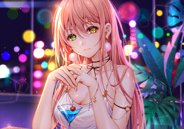 dress, anime girls, Niya, city lights, earrings, Tidsean, long hair, heterochromia, looking at viewer, plants, pink hair, necklace, yellow eyes