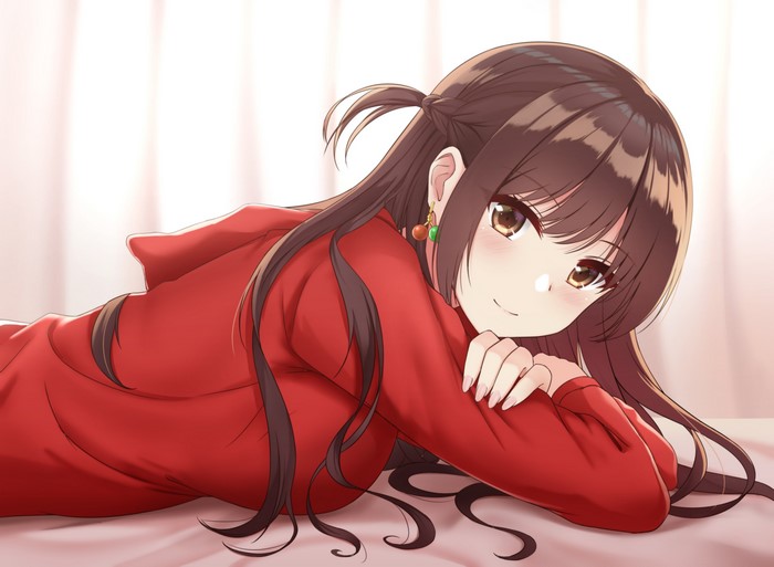 brown eyes, Kanojo, brunette, RKO, Okarishimasu (Rent-a-Girlfriend), lying on front, anime girls, Chizuru Mizuhara, smiling