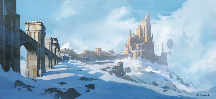 snow, castle, digital art, artwork