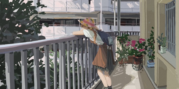 4K, backpacks, yawarak, anime, trees, brunette, balcony, hat, anime girls, long hair, plant pot