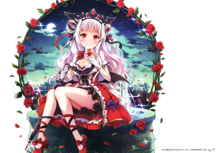 4K, pink hair, cleavage, NyaNya, wings, red eyes, hairbun, dress, wine glass