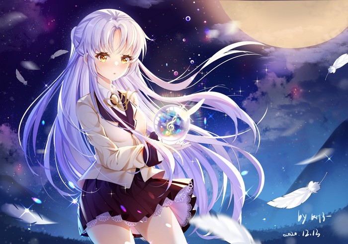 feathers, night, long hair, school uniform, Miaoguujuun, yellow eyes, anime girls, Angel Beats!, silver hair, Tachibana Kanade
