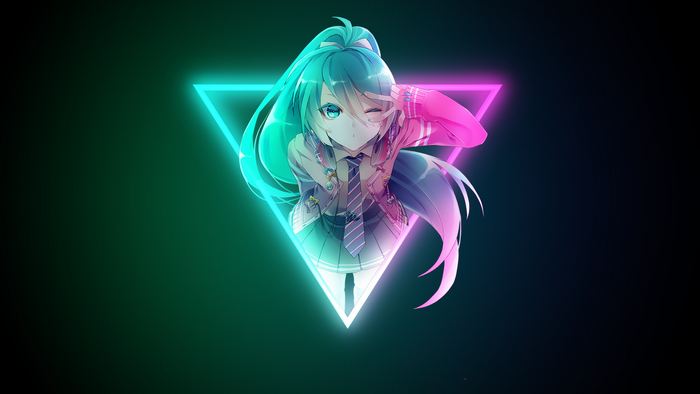 aqua hair, anime, aqua eyes, anime girls, tie, one eye closed, triangle, simple background, gradient, miniskirt
