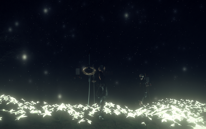 flowers, dark, lights, dystopian, 2B (Nier: Automata), futuristic, black, 9S (Nier: Automata), Nier: Automata, dystopic, glowing