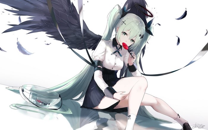 Asahi Kuroi, Vocaloid, Hatsune Miku, Black wings, nimbus, anime girls, wings, twintails