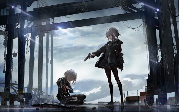 anime, bullet, anime girls, SWAV, standing, gun, short hair
