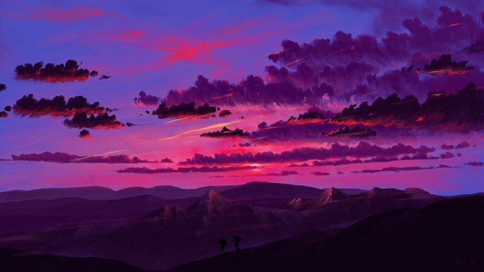 clouds, landscape, BisBiswas, sunset, sky, mountains, digital painting