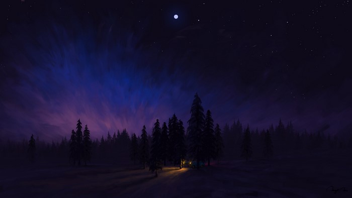 forest, digital painting, artwork, car, sky, BisBiswas, night