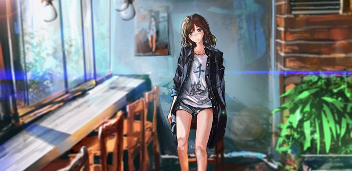 brown eyes, anime girls, original characters, Ein Eis, blushing, brunette, short shorts, room