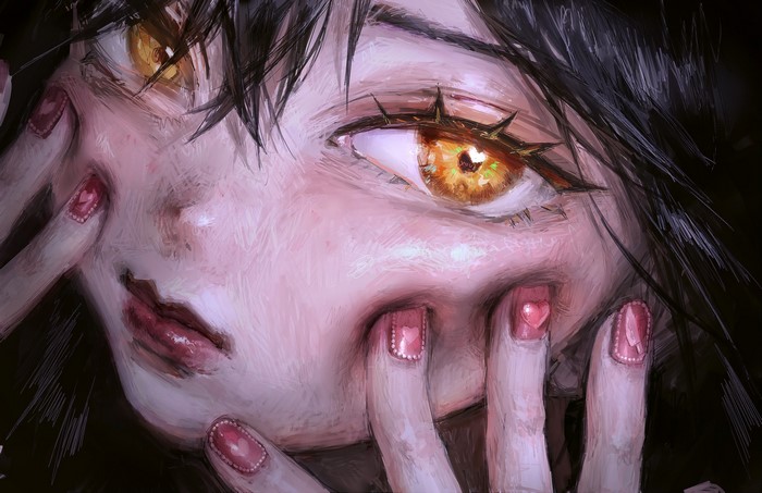 portrait, anime girls, anime, red lipstick, black hair, orange eyes, face, Hatena, pink nails, 2D, looking at viewer, bangs, long hair