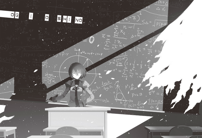 short hair, anime, tie, smiling, anime girls, classroom, formula, vofan, Oshino Ougi, monochrome, sunlight, closed eyes, Monogatari Series