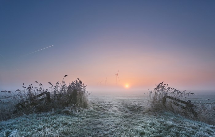 outdoors, field, nature, frost, winter, windmill, cold, sunlight