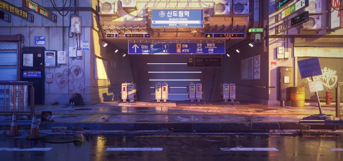 subway, digital art, artwork, city, Korean
