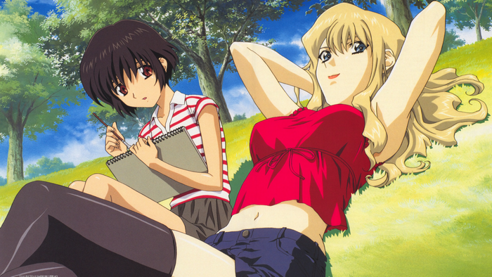 4K, no bra, Kirika Yuumura, grass, Mireille Bouquet, anime girls, sky, Noir (Anime), trees, clouds