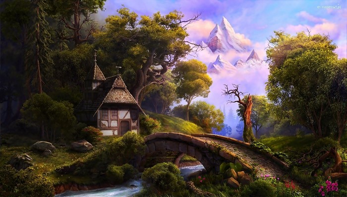 bridge, mountains, artwork, cottage, trees, fantasy art