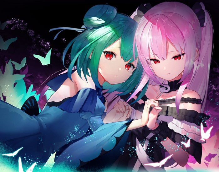 Hololive, red eyes, Virtual Youtuber, Sukocchi, green hair, anime, Sco_ttie, Uruha Rushia, pink hair, anime girls