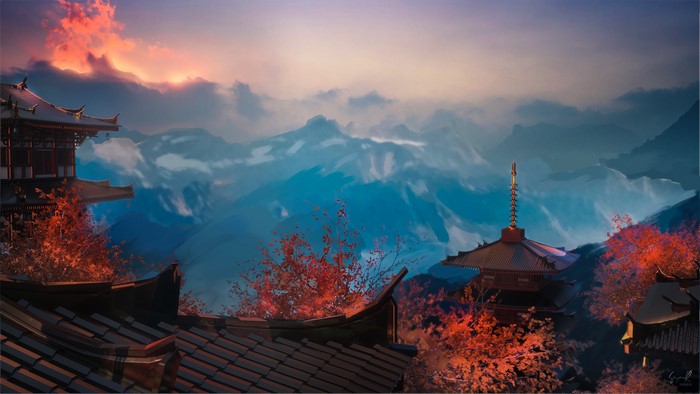 4K Digital Japanese Art with Mountain Landscape