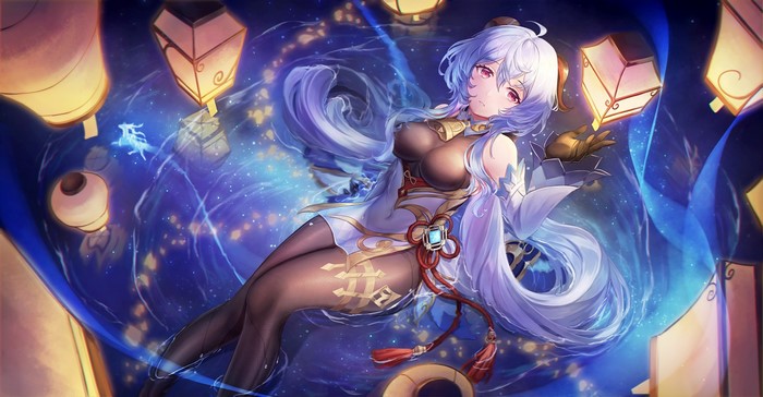 bodystockings, anime girls, Ulquiorra0, anime, Genshin Impact, blue hair, Ganyu (Genshin Impact), long hair
