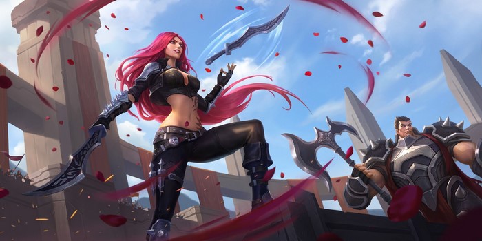 League of Legends, girls with swords, leaves, long hair, warrior, redhead, video game art, video game man, standing, Jack Hsu, video game girls, belly, katarina (league of legends), women, fan art