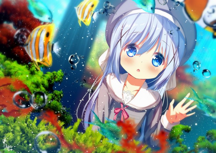 blue eyes, blue hair, aquarium, loli, Gochuumon wa Usagi Desu ka?, Kafuu Chino, anime girls