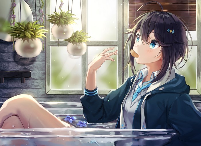 dark hair, in bathtub, school uniform, window, anime, blue eyes, Sorahoshi Kirame, anime girls, Virtual Youtuber, Nijisanji, Kaon, short hair