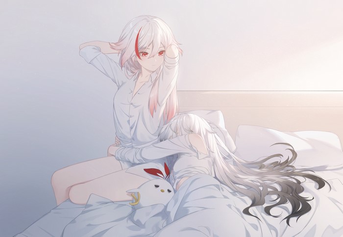 4K, anime girls, Fu Hua, in bed, yuri, silver hair, red eyes, video ...