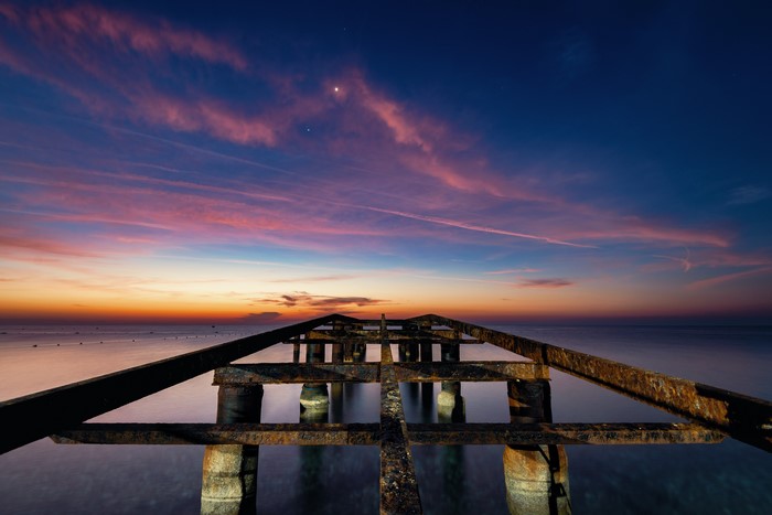 sunset, landscape, pier, clouds, sea, sky
