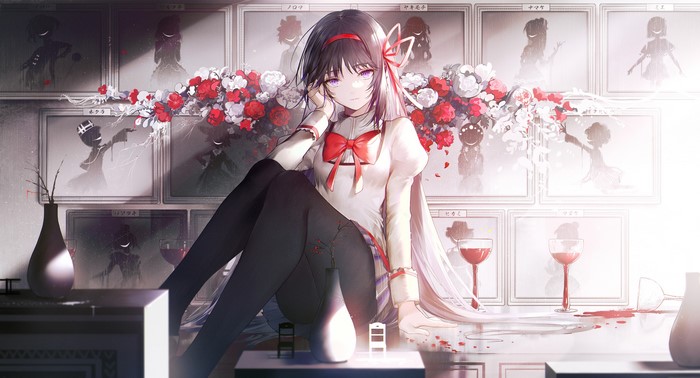 flowers, pantyhose, Mahou Shoujo Madoka Magica, Shiro Inori, anime girls, dark hair, Akemi Homura, school uniform, purple eyes, long hair