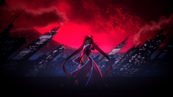 black gloves, city lights, long hair, dark hair, anime, Hololive, red dress, Moon, anime girls, clouds