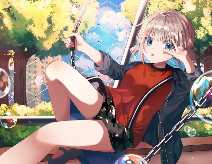 anime girls, THE, The Idolmaster: Shiny Colors, short shorts, Serizawa Asahi, peace sign, blue eyes, ash blonde, bubbles