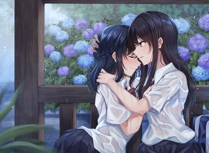 anime girls, crying, wet clothing, Kurousagi Yuu, dark hair, rain, school uniform