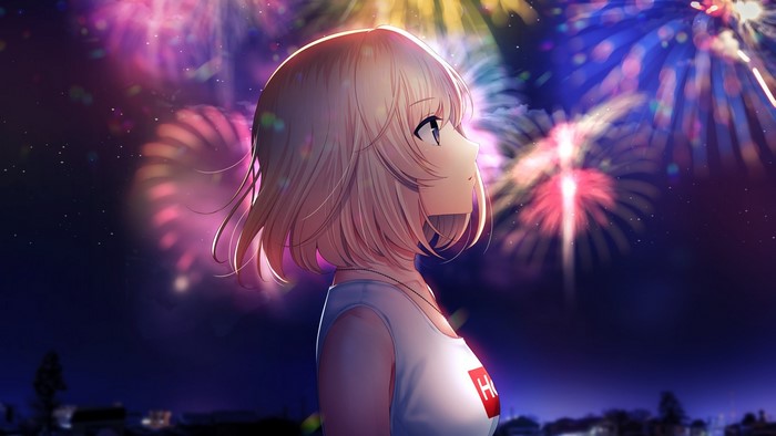 fireworks, anime girls, blonde, short hair, Minamihama Yoriko