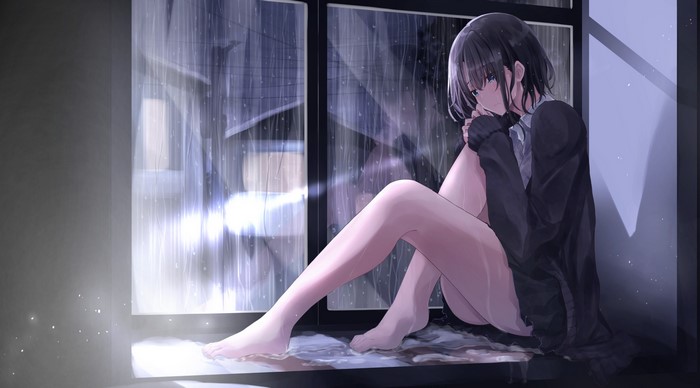 Fuu (artist), blue eyes, holding knees, anime girls, rain, window, miniskirt, short hair, barefoot, black hair