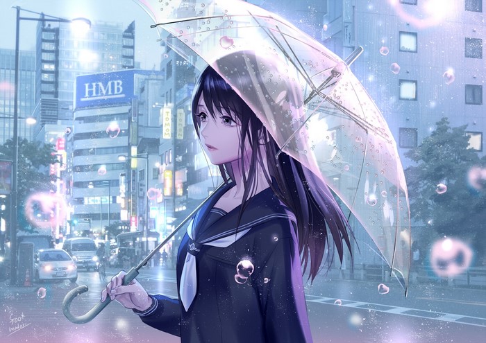 dark hair, umbrella, school uniform, dark eyes, road, anime girls, anime, Midori Foo, water drops, rain
