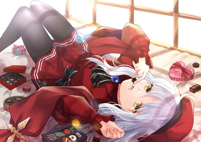 anime girls, Caren Hortensia, Fate/Grand Order, yellow eyes, chocolate, Karaage168, lying on back, Fate/Hollow Ataraxia, open mouth, white hair, anime, pantyhose, Fate Series