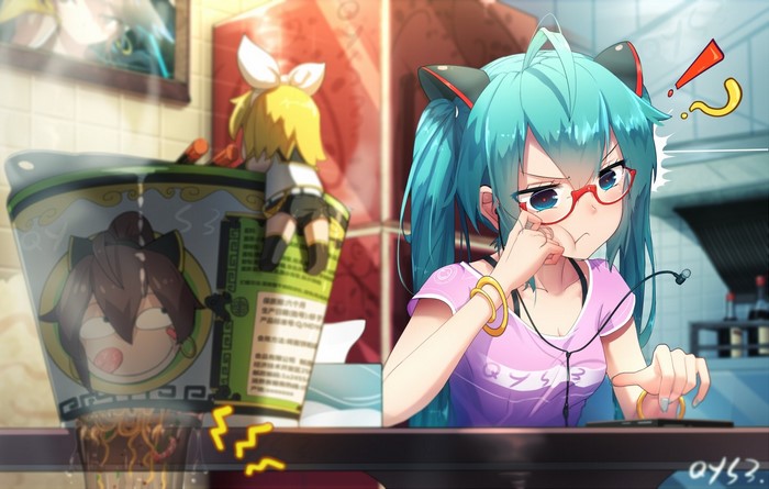 pouting, twintails, Kagamine Rin, Bai Yemeng, glasses, anime girls, blue eyes, blue hair, Vocaloid, Hatsune Miku