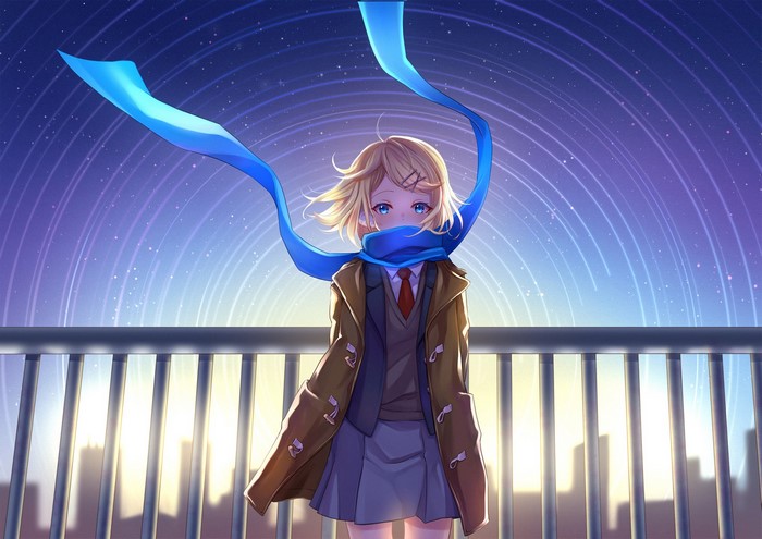 scarf, blonde, anime girls, short hair, Kagamine Rin, blue eyes, school uniform, Vocaloid