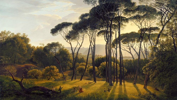 trees, nature, 1807, grass, Hendrik Voogd, classic art, artwork, Italian Landscape with Umbrella Pines, vintage, plants, painting, sunlight, forest