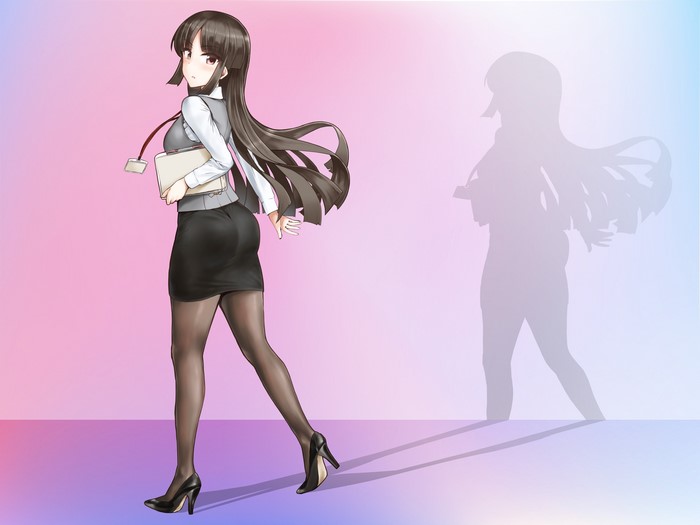 4K, pantyhose, pumps, anime girls, shadow, brunette, office girl