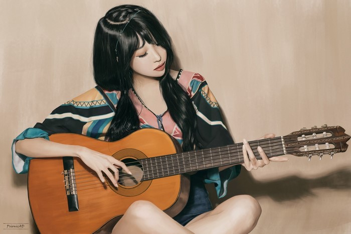 dark hair, guitar, legs crossed, sitting, closed eyes, open mouth, Asian, women, model, dress, simple background