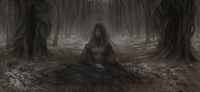 centered, looking away, crown, dress, sitting, fantasy girl, outdoors, trees, artwork, fantasy art, black dress, frontal view, women, women outdoors, Artem Demura