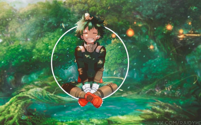 closed eyes, picture-in-picture, Izuku Midoriya, anime, smiling, Boku no Hero Academia, anime boys