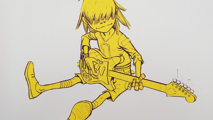 white background, yellow, music, cartoon, guitar, Noodle, Gorillaz