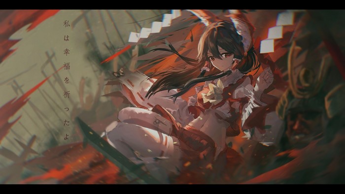 QTian, anime girls, brunette, Hakurei Reimu, anime, red eyes, Touhou