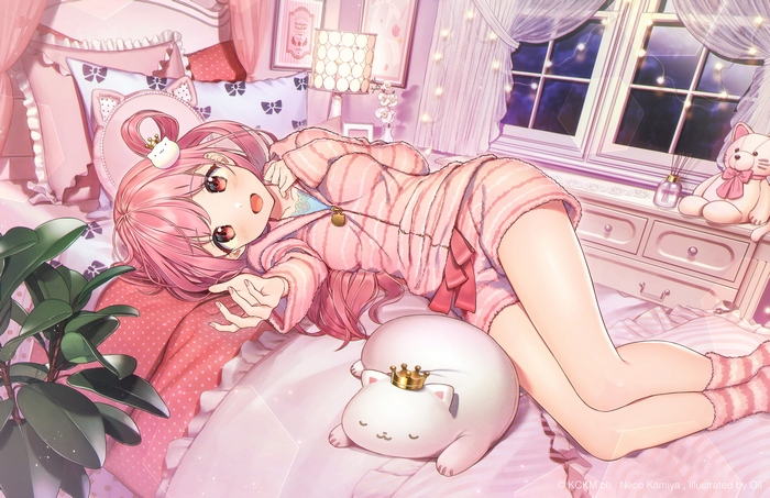 4K, anime girls, open mouth, Oli (artist), red eyes, pink hair, in bed