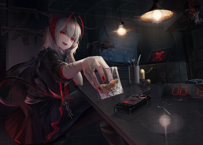 4K, open mouth, red eyes, anime girls, tail, horns, W(Arknights), Me/R, red nails, silver hair, Arknights
