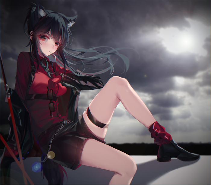 anime girls, tail, animal ears, black hair, Arknights, red eyes, Shokoori, Texas (Arknights), wolf girls