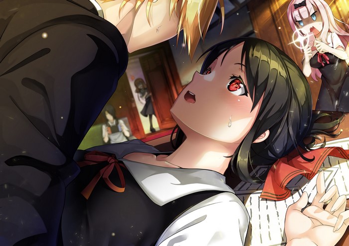 4K, Miko Iino, open mouth, Kaguya Shinomiya, anime boys, school uniform, anime girls, red eyes, Shirogane Miyuki, Chika Fujiwara, Jie Laite, Kaguya-Sama: Love is War, black hair
