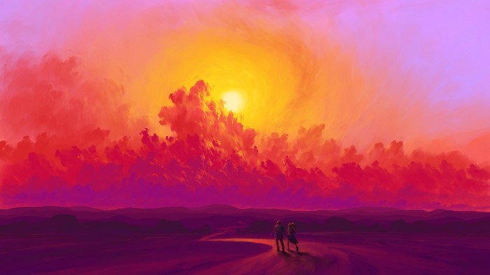 landscape, sunset, clouds, sky, BisBiswas, couple, digital art
